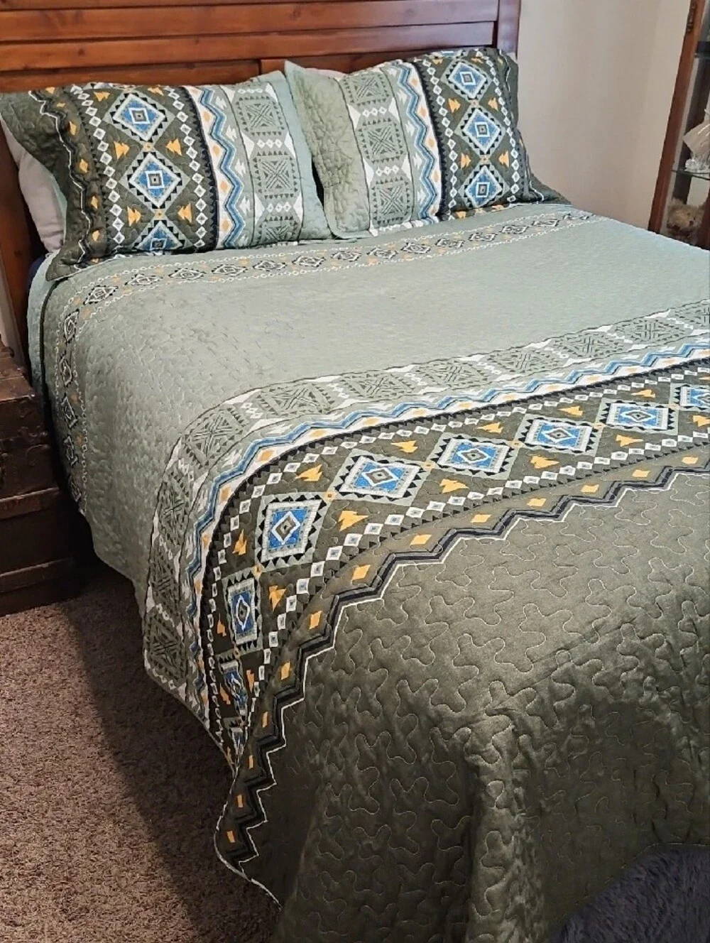 Quilted Bedspread Set in Sage Green and Gray Green with Blue and Yellow Accents